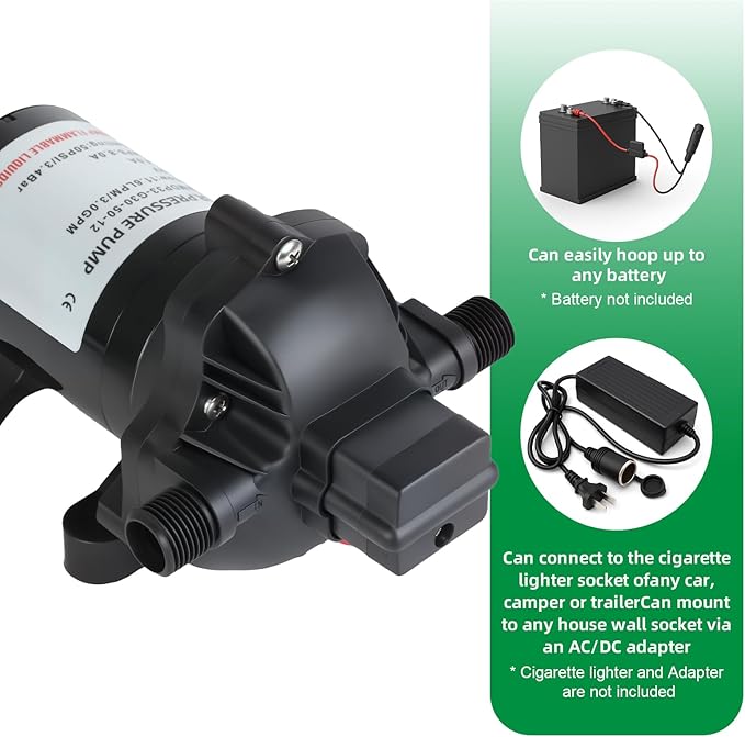 3 GPM RV Water Pump, 12V DC Diaphragm Pump with Automatic Pressure Switch 40-80PSI Adjustable, 3-Chamber, 1/2'' MNPT Port, for RV Yacht Food Truck Camper Marine,1 Pump + 1 Strainer,