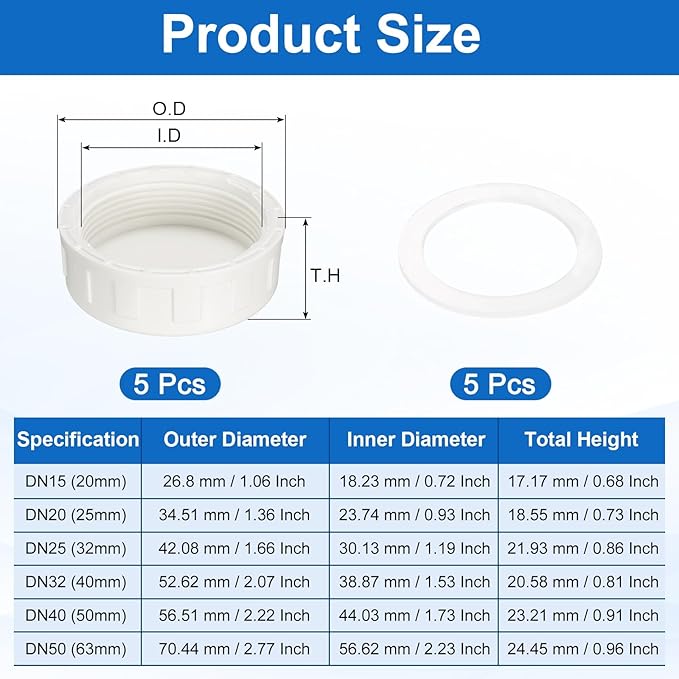uxcell 5Pcs 2 Inch PT Female Thread PVC Pipe Fitting Cap, Cleanout Water Drain End Caps, Pipe Plug Socket Fittings with Gasket for Water Heater Supply Lines, Plumbing, White