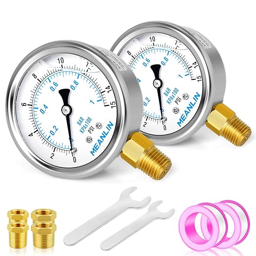 MEANLIN MEASURE 0~15Psi Stainless Steel 1/4" NPT 2.5" FACE DIAL Liquid Filled Pressure Gauge WOG Water Oil Air Lower Mount (Pack of 2), with 1/2" NPT and 3/8" NPT Hex Bushing