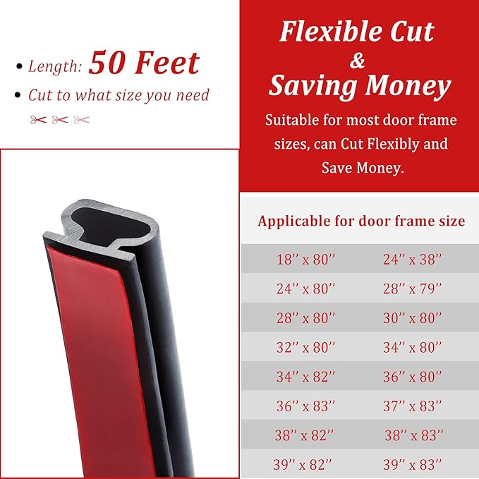 50 Feet D-Shape Rubber Weather Stripping Door Seal Strip, Fingwerk Self-Adhesive Backing Door Weatherstripping for Door Frame Insulation Large Gap, Easy Cut to Size(Black)
