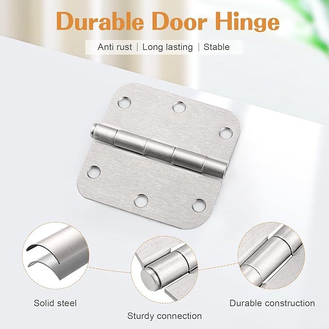 Probrico Interior Door Hinges Brushed Nickel, 3.5 X 3.5 Inch Door Hinges Rounded 5/8" Radius Corners, Nickel Hinges for Door Hardware, 18 Pack