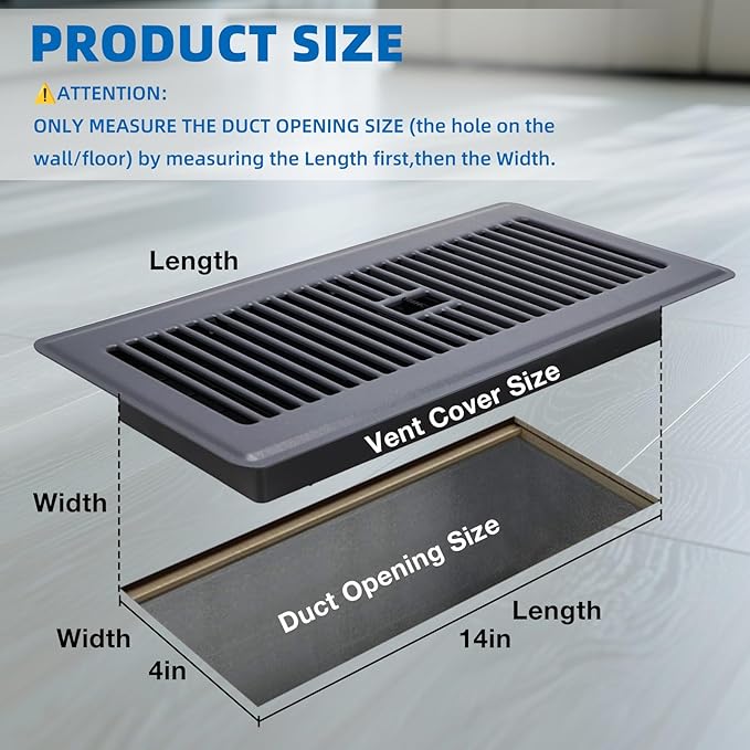 Floor Register 4x14-4 Pack Floor Vents Covers Heavy Duty Steel Walkable Floor Grates Vent Covers for Home Floor Intermediate Switch Design Adjustable Air Vent Covers for Sidewall and Floor, Gray
