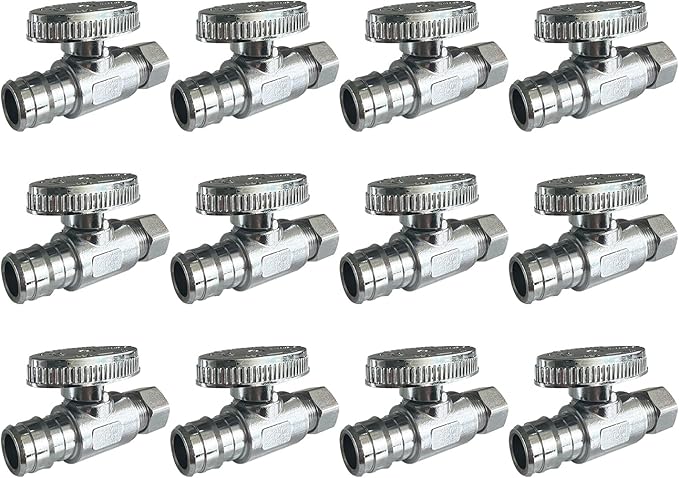 SUNGATOR 12-Pack Pex A Straight Stop Valve, 1/2" Pex A Expansion x 3/8" OD Compression, 1/4 Turn Chrome Plated Brass Shut Off Valve