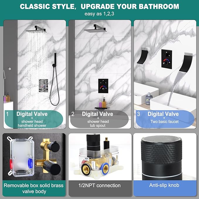 2 Way Shower Mixer Valve Temperature Display with Trim Kit, Digital Shower Diverter Mixing Brass Valve Body for Shower Faucets, Black