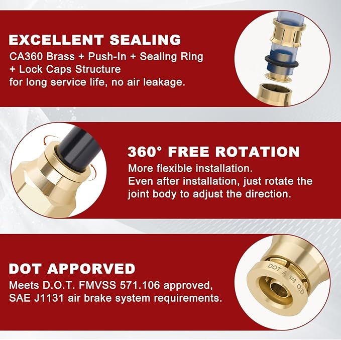 1/4" Quick Push to Connect Fittings Brass Union Straight Joint DOT Approved 1/4" Tube OD x 3/8" NPT Thread Air Line Adapter Air Suspension Kit for Truck Trailers and Air Brake System 10pcs