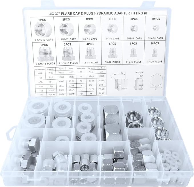 OKBA 64pcs JIC Plug and Cap Kit JIC 37° Flare Caps and Plugs Kit with Precision Threading Hydraulic Plugs and Caps Kit Set Dash Sizes 04 06 08 10 12 16
