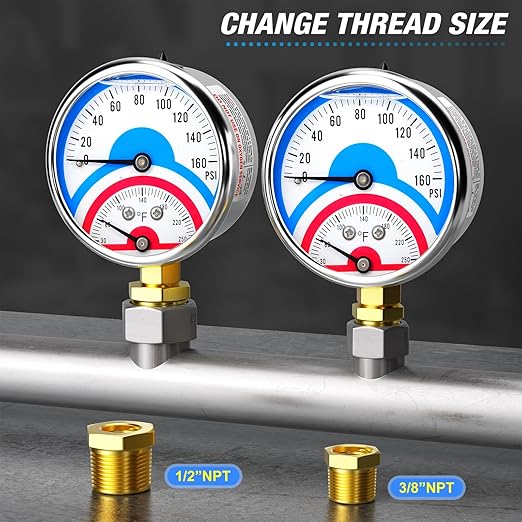 MEANLIN MEASURE 0-160Psi Stainless Steel Thermal Pressure Gauge 30-250℉ 1/4" NPT 2.5" FACE DIAL Liquid Filled Pressure Gauge, with 1/2" NPT and 3/8" NPT Hex Bushing, Lower Mount