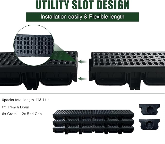 HDPE Channel Drain with Grates-19.7x5.5x3.7 in. Trench Drain System, 6 Pack Total Length 118.2 in, Yard Drainage System with 2 Outlet Adapters for Outdoor,Yard Fence,Sidewalk,Patio