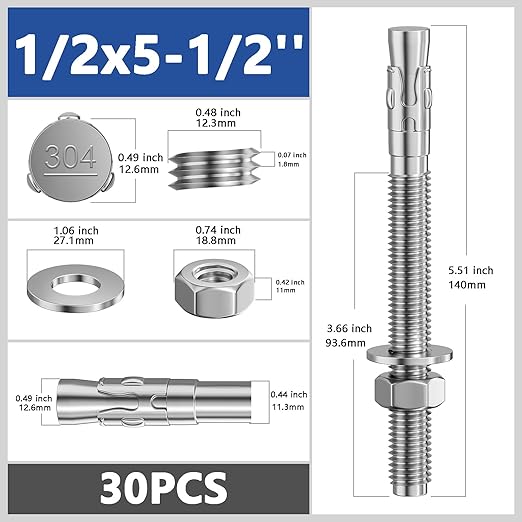 30Pcs 1/2x5-1/2 Inch Standard Fasteners for Heavy-Duty 304 Stainless Steel Wedge Anchors for Cement and Concrete