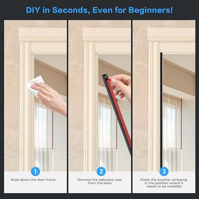 Silicone D-Shaped Weather Stripping Door Seal, 23FT Self Adhesive Door Insulation Strip, Fits Gaps up 1/8" to 1/4", for Door Frame & Window Seal (Black, 3/8" W × 1/4" T)