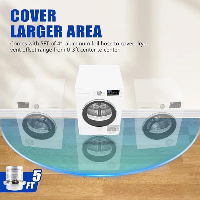 Aluminum Alloy 4 Inch Dryer Vent Hose Connector Kit, Quick Setup Design With Extra Thick(6-Ply) Aluminum Foil 5 Ft Duct And 2 Clamps, Antioxidant And Durable For Dryer Washer Bathroom