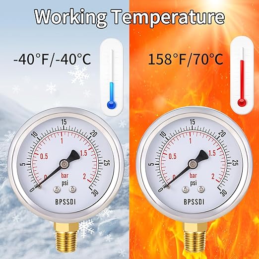 0-30 Psi Low Pressure Gauge, 2.5" Dial Size, 1/4" NPT Lower Mount, 304 Stainless Steel Case, Water Pressure Gauge Test for Water Pipe, HVAC(with Tape)