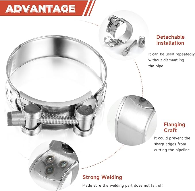 AKIHISA T-Bolt Hose Clamp,48-51mm OD Range 304 Stainless Steel Pipe Strap Clamp, Adjustable Heavy Duty Tube Clamp (4Pack, 1.89" to 2.01")