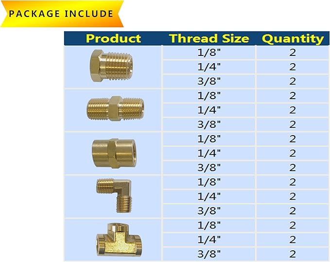 Brass Pipe Fittings, NPT Tee, Hex Head, Hex Nipple, Hex Coupling, 90 Degree Barstock Forged Elbow, Air Hose Fittings, 1/8" 1/4" 3/8" NPT Brass Fittings Kit, for Up to 1200PSI