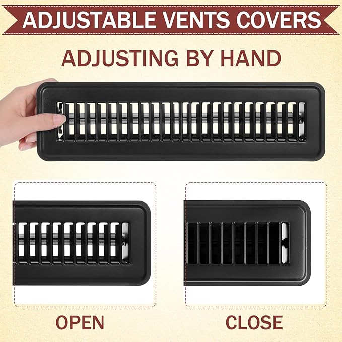 Tandefio 6 Pcs 2" x 12" Floor Register Vent Covers Metal Heavy Duty Walkable Floor Air Vent Covers with Rust Proof Finish Grille Easy Adjust Air Supply Lever for Home Wall Ceiling (Black)