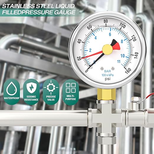 0-160PSI Stainless Steel with Reset Pointer Liquid Filled Pressure Gauge, 2.5" Dial Size, 1/4" NPT Lower Mount, for Tube, Water Pump, Gas, Liquid, Pressure Test