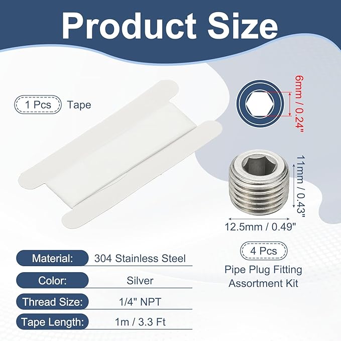 PATIKIL 1/4" NPT Male Internal Hex Pipe Fitting, 6 Pcs 304 Stainless Steel Pipe Plug Fitting Assortment Kit Countersunk Thread Head Socket Pipe Plug Fitting Adapter with Tape, Silver