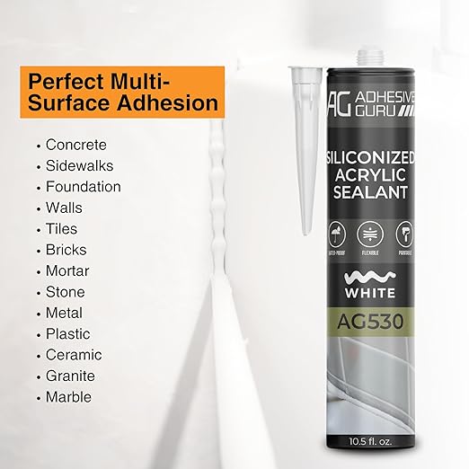 Adhesive Guru AG530 Siliconized Acrylic Sealant (12x10.5 fl oz), Waterproof Paintable Caulk for Bathtubs, Windows, Showers, Indoor Outdoor Caulking Weatherproof, White - 12 Pack