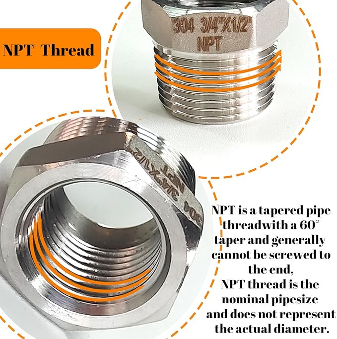2 Pcs Stainless Steel Bushing 3/4" Male to 1/2" Female, 3/4" to 1/2" Reducer NPT Adapter Hex Stainless Steel Reducing Pipe Adapter Fitting Pipe Tube Adapter Convert