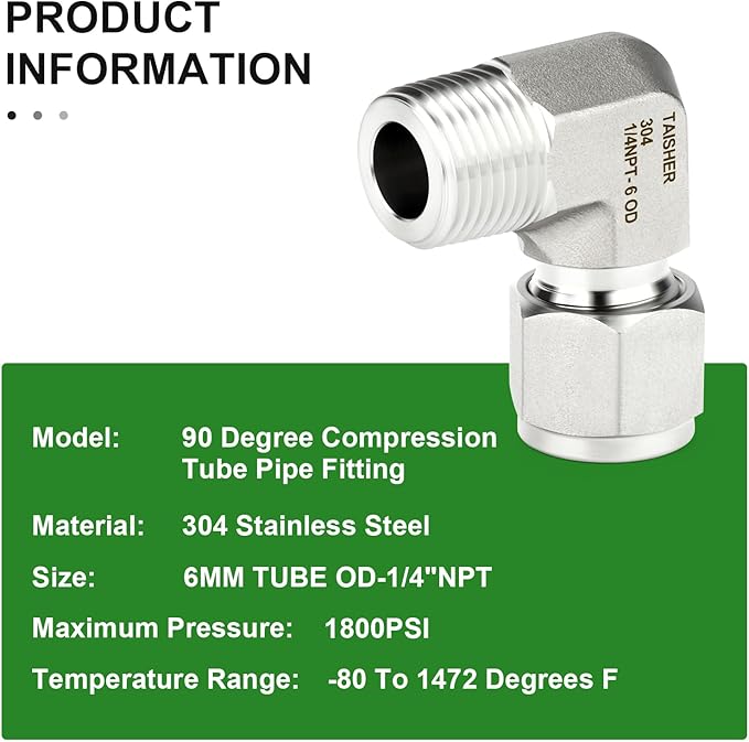 TAISHER 1PCS 304 Stainless Steel 90 Degree Compression Tube Pipe Fitting Connector, 6MM Tube OD x 1/4" NPT Male Adapter