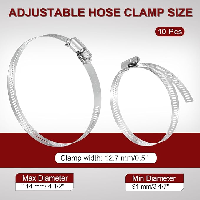 MECCANIXITY 4 Inch Stainless Steel Hose Clamp, Worm Gear Clamp Adjustable 3 4/7"-4 1/2"(91-114mm) Fuel Line Hose Clamps Duct Clamp for Pipe Plumbing Automotive Mechanical (Pack of 10)