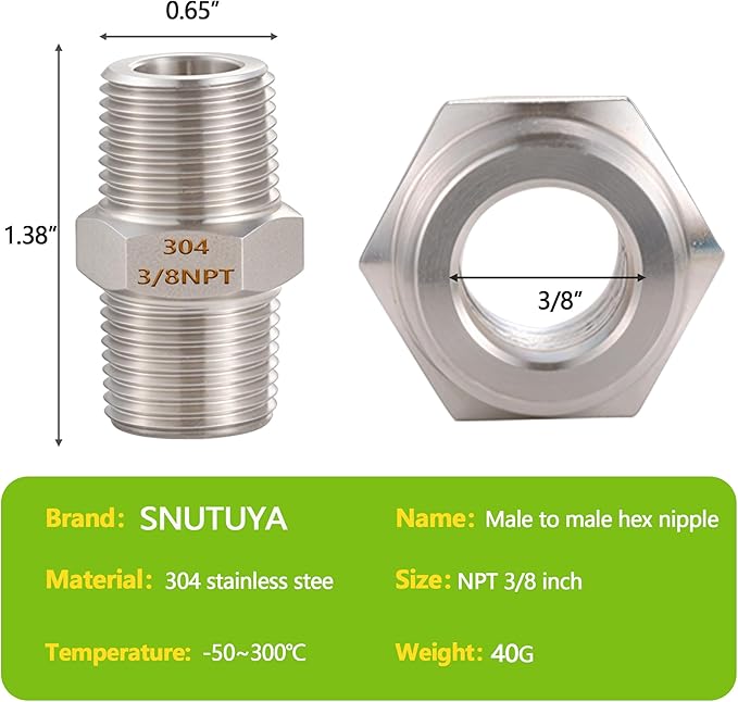 2PCS Hex Nipple 3/8" x 3/8" Male Pipe Fittings, 304 Stainless Steel 3/8 inch NPT Threaded Pipe Adapter Fittings, Male Straight Connector Pipe Fitting