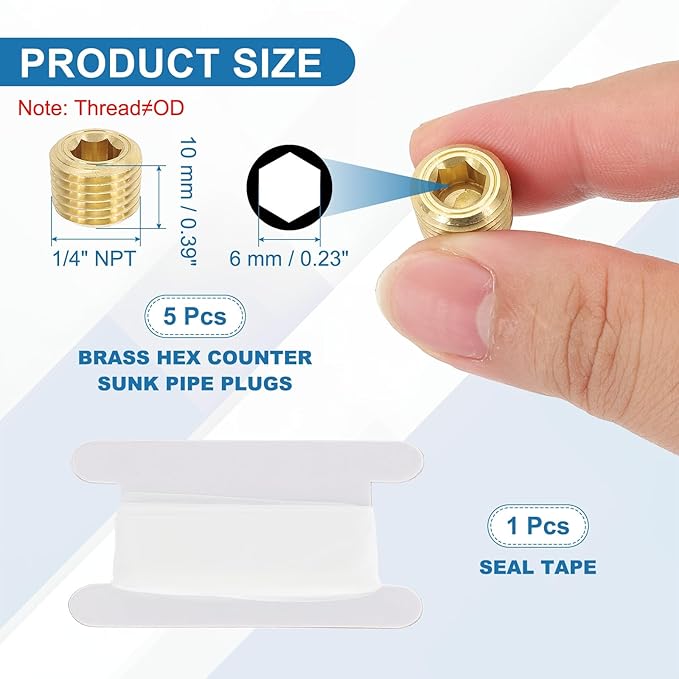 PATIKIL 1/4" NPT Male Pipe Plug Fitting, 5Pcs Brass Hex Counter Sunk Plug Brass Male Connector Socket for Closing the End of Pipe Industrial Machinery Fittings