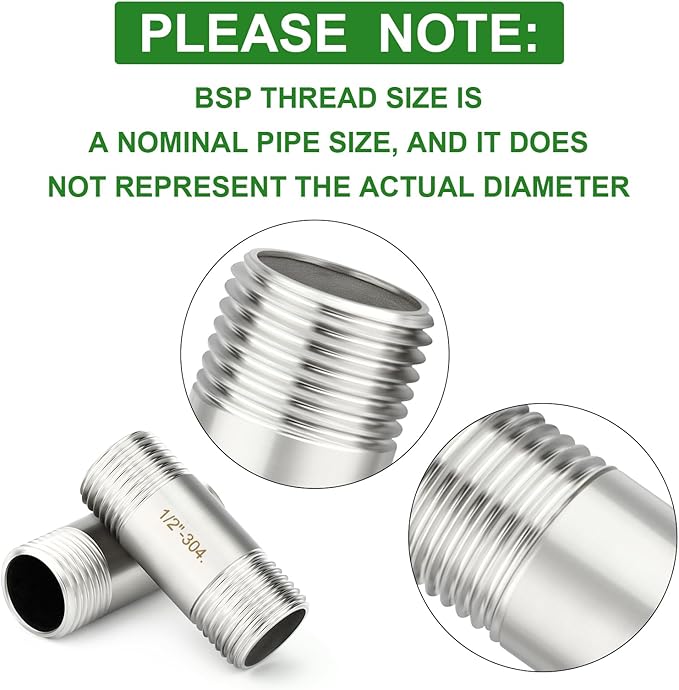 TAISHER 2PCS Stainless Steel Pipe Fittings, 1/2" BSP Male x 1/2" BSP Male Threaded, 2" Length Nipple Cast Pipe