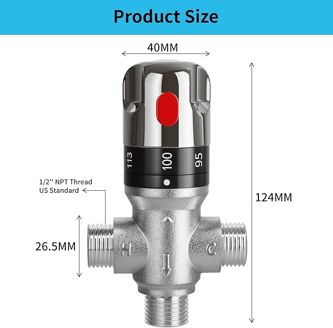 FUGO 1/2 NPT Thermostatic Mixing Valve,Water Mixing Valve with 1/2 NPT Male Connections,Solid Brass,Chrome