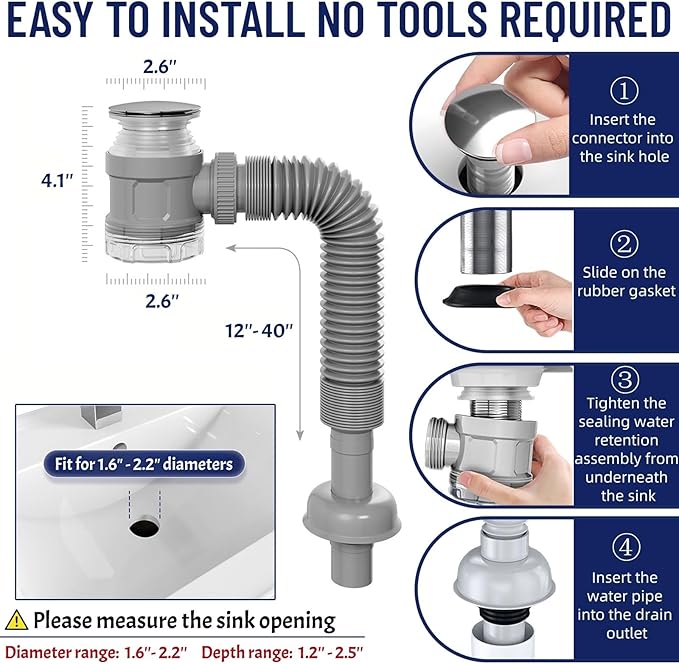Bathroom Sink Drain Kit with Flexible Expandable Pipe: Odor-Free & Backflow-Preventing, Space-Saving Design without a P-trap, For 1-1/4'' & 1-1/2'' Drain Hole (Chrome, With Overflow)