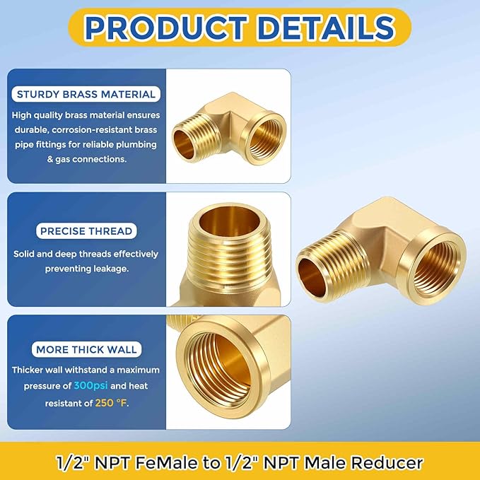 2 Pack Brass Pipe Fittings, 90 Degree 3/8" NPT FeMale to 3/8" NPT Male Barstock Street Elbow, Forged Pipe Fitting Connector for Air, Oil, LP