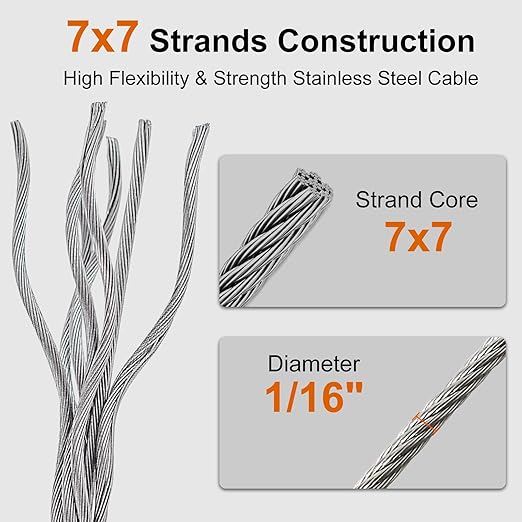 100FT 1/16" Wire Rope Kit, 7x7 Marine Stainless Steel Strand Core, T316 Strength for Hanging, Aircraft, Yard, Garden, Deck Railing, Trellis Wire with Crimping Sleeves, Thimbles