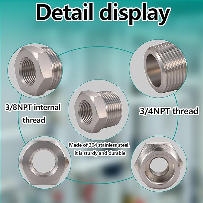 2 Pcs 3/4" Male NPT to 3/8" Female NPT Reducer Hex Bushing，304 Stainless Steel Pipe Fitting Hex Bushing, Heavy Duty Pipe Fitting Reducer Adapter