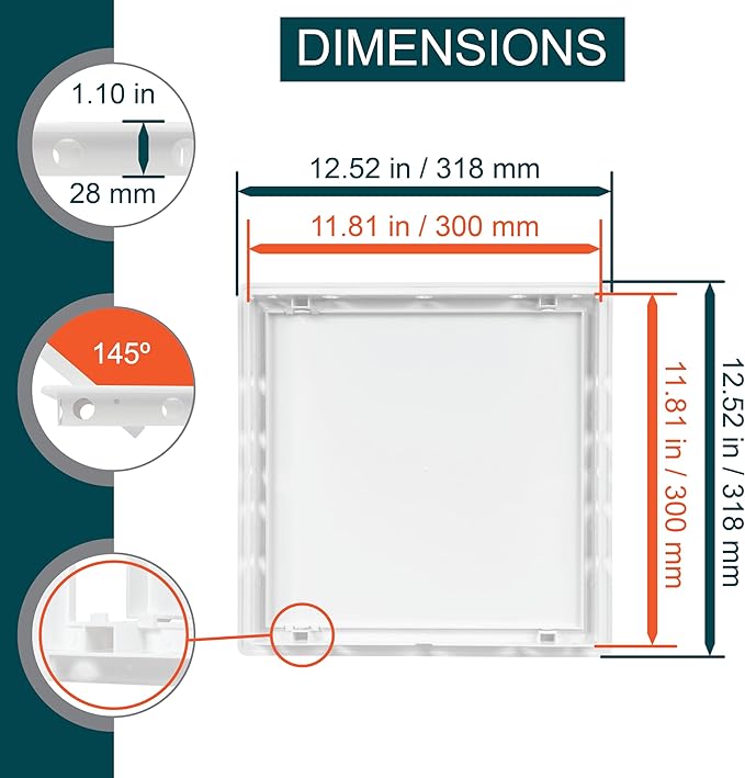 12" x 12" White Plastic Access Panel. Service Shaft Door Panel. Plumbing, Electricity, Heating, Alarm Wall Access Panel for Drywall. Bathroom Services Access Hole Cover