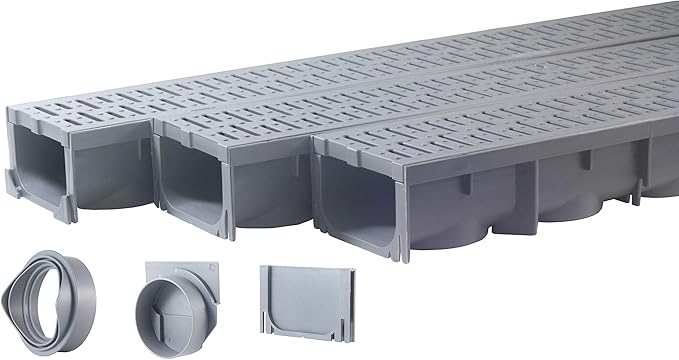 URA WATER - Model UA-100 - Drainage Trench Set - Channel Drain With Grate - Gray Plastic - 3 x 39" - (117" Total Length)