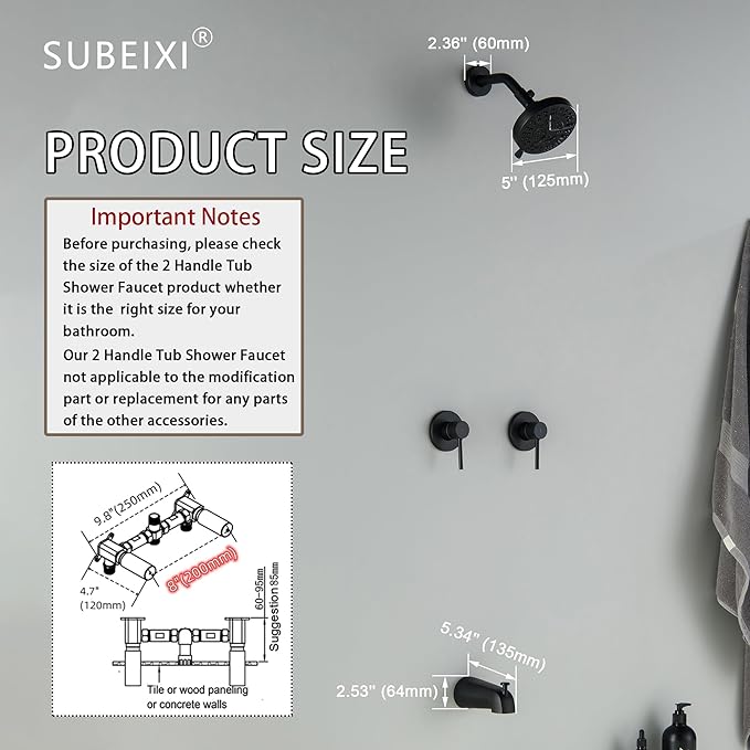 2 Handle Shower Faucet Set with Tub Spout Matte Black Two Handles Shower Faucet Set Bathtub Shower Faucet Combo, Wall Mount