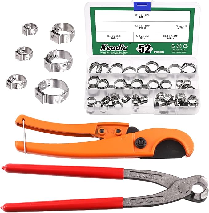 Keadic 52Pcs Ear Hose Clamp Crimping Tool and PEX Pipe Cutter for 1/8 inch-1 1/4 inch Tube with [6mm to 18.5mm] 304 Stainless Steel Clamps, PEX Cinch Fastening Tool for Automotive Marine Motorcycl