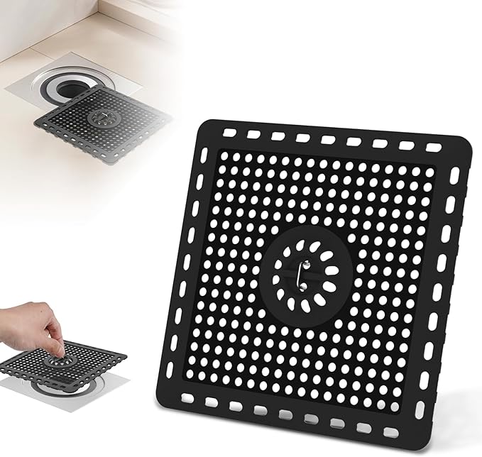 Hibbent Upgraded Shower Drain Hair Catcher, Shower Drain Cover for Bathroom Floor 6" Drain, Anti-Clogging Bathtub Drain Strainer, Stainless Steel Kitchen Sink Drain Strainer with Handle, Matte Black