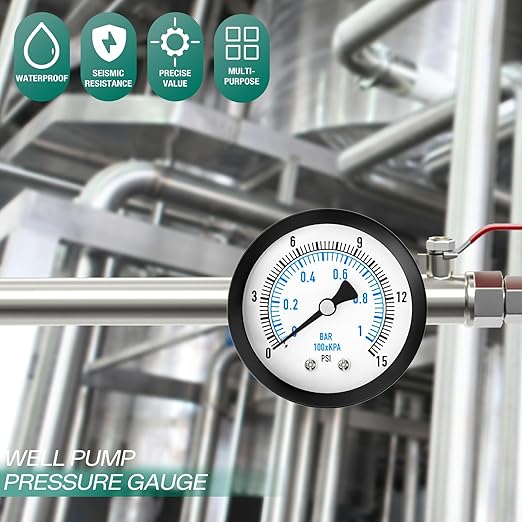 0-15PSI Well Pump Pressure Gauge 2" Dial Size, 1/8" NPT Back Mount, 3-2-3% Accuracy, for Tube, Water Pump, Gas, Liquid, Pressure Test