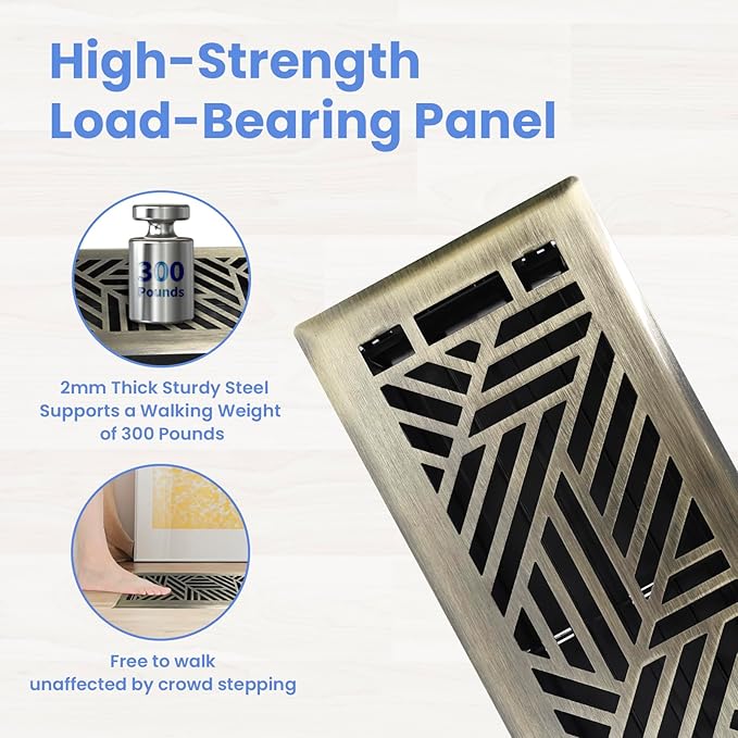 4x12 Inches 2 Pack Heavy Duty Walkable Floor Register Easy Adjust Air Supply Lever Floor Vents - Brooklyn Design - Vent Cover for Home Floor - Antique Brass