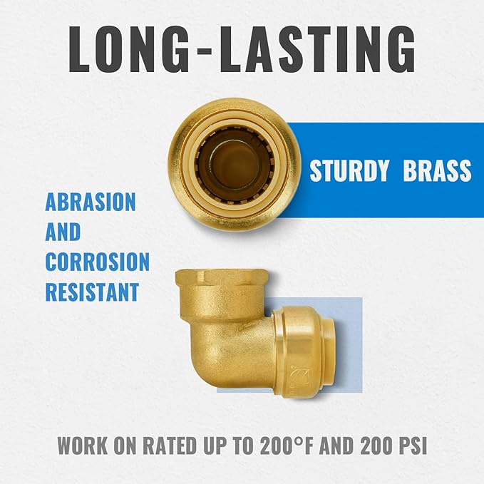 SUNGATOR 3/4 Inch Female Adapter Elbow, 3/4 Inch FNPT, No Lead Brass Push-to-Connect Plumbing Fittings for PEX Pipe, Copper, CPVC, with 1 Disconnect Clip and 1 Sealing Tape, Pack of 2