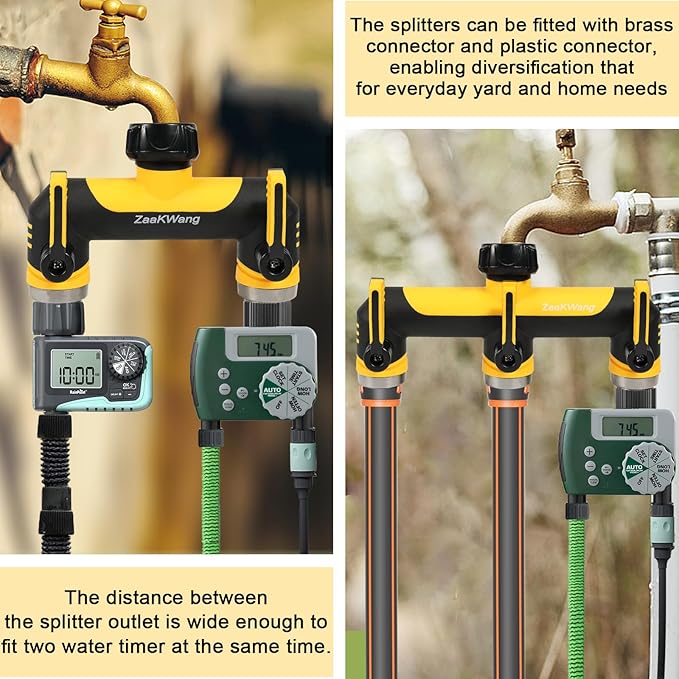 Full Flow Heavy Duty 3 Way Hose Splitter, Rugged Garden Faucet Adapter, Spout Diverter T - Way Adapter with Extended Handle, 3/4” GHT Thread, Yellow