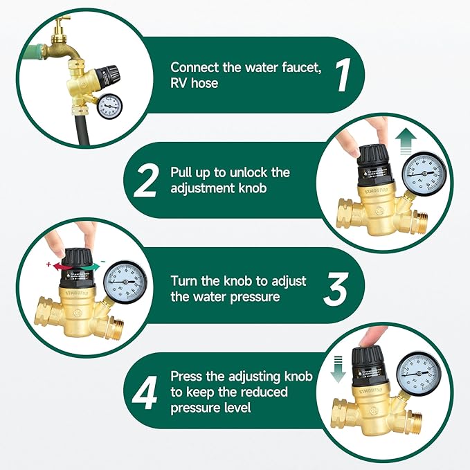 RV Water Pressure Regulator for RV Camper. Brass Lead-Free Adjustable Camper Water Pressure Regulator with 0-160 PSI Gauge ，Reducer Valve W Filter，Package includes 1 raw tape for water pipes.