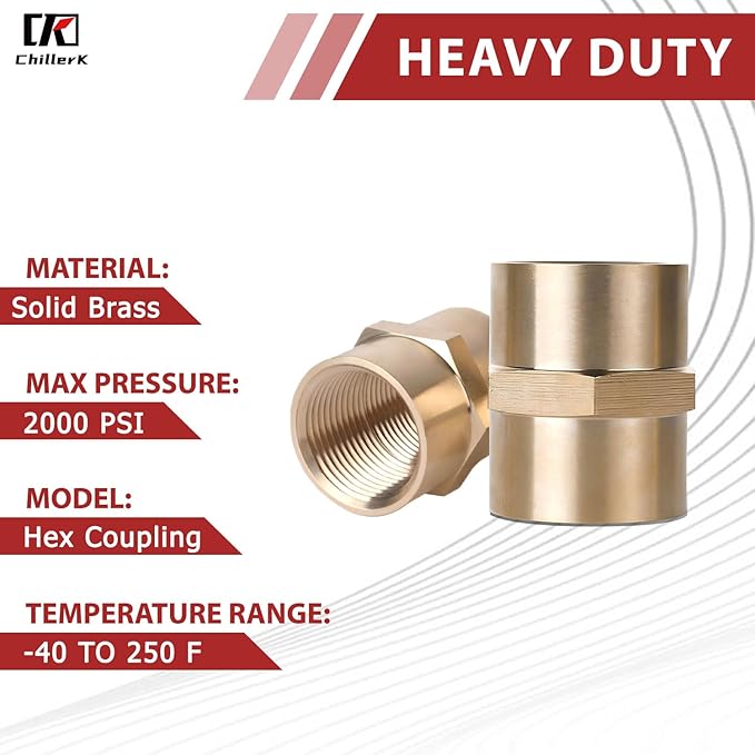 Hex Couplings, 1/4" NPT Female To Female Brass Hex Nipple Adapters, Brass Pipe Extension Fittings for Oil/Air/Water/Gas Systems. (2 Pack)