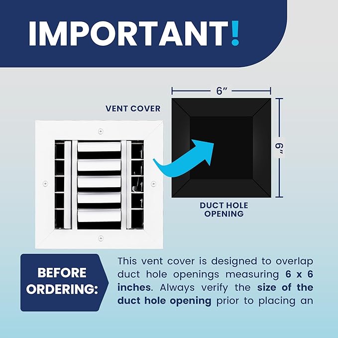 6x6 Inch (Duct Opening) Aluminum 3-Way Air Flow Vent – HVAC Vent Cover for Wall or Ceiling – Quiet HVAC Wall Register with Multi-Shutter Damper – Adjustable Curved Blade - Plastic Seal for Tight Fit