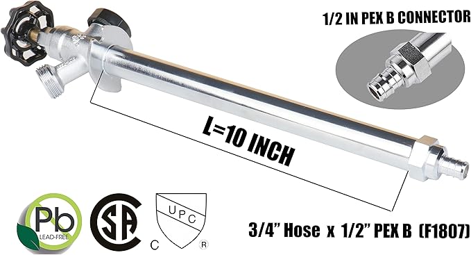 WHK 10 Inch Frost Anti-Siphon Sillcock 1/2 Inch PEX B X 3/4 Inch Hose Bibb,Frost Proof Outdoor Faucet Bib with Vacuum Breaker-Frost Free Spigot PEX Crimp Connection(Brass)