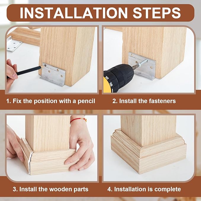 Blulu 1 Set 3-1/2" Newel Post Mounting Kit 4 Pcs L Bracket Metal Post Anchor with 4 Pcs Wood Trim Deck Base Fasteners for Fastening Handrails Balustrades to Stairs and Floors