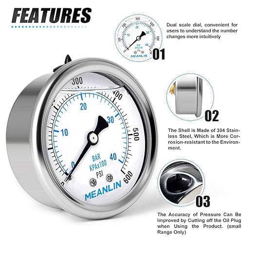 MEANLIN MEASURE 0~600Psi Stainless Steel 1/4" NPT 2.5" FACE DIAL Liquid Filled Pressure Gauge WOG Water Oil Air Center Back Mount, with 1/2" NPT and 3/8" NPT Hex Bushing