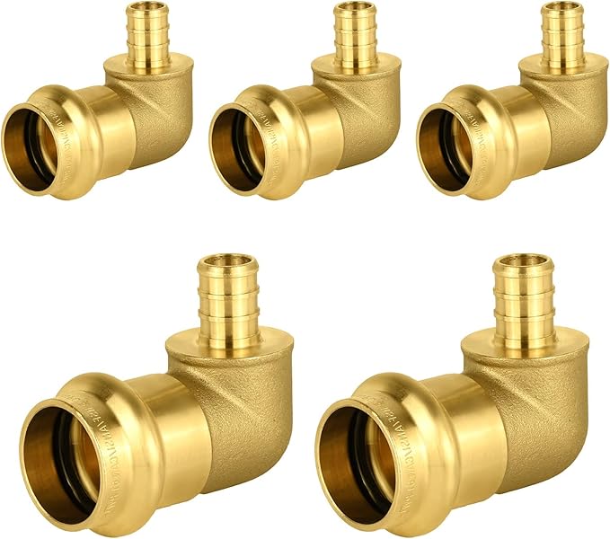 5-Pack HeSun Copper Press Fitting Elbow, 3/4" PRESS X 1/2" PEX F1807 Crimp Elbow, LF Brass