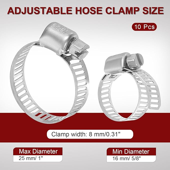 MECCANIXITY 1 Inch Stainless Steel Hose Clamp, Worm Gear Clamp Adjustable 5/8"-1"(16-25mm) Fuel Line Hose Clamps Duct Clamp for Pipe Plumbing Automotive Mechanical (Pack of 10)